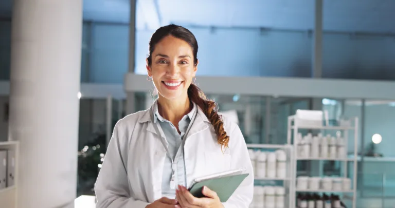 Portrait, woman and scientist on tablet in lab for research, medical investigation and pharmaceutical report. Person, smile and digital for about us, biology study and information of vaccine solution