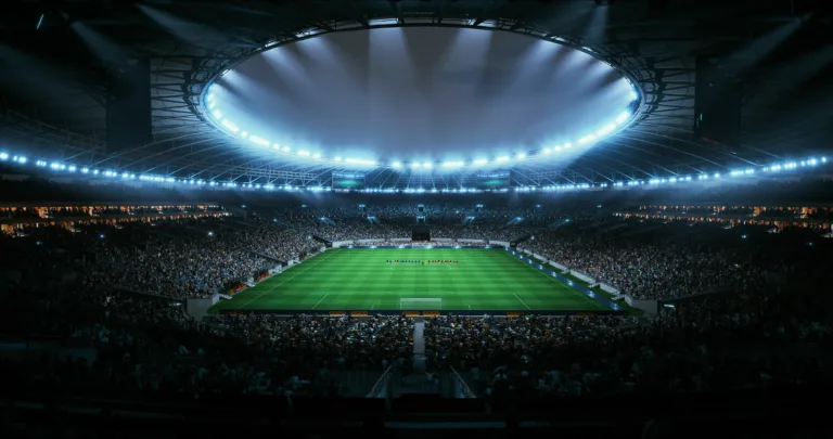 Professional Stadium With Football Game Championship Opening Ceremony. Soccer Teams Line up on the Pitch as Fans Pack the Arena, Creating a Dramatic Pre Match Atmosphere Before Kickoff Begins.