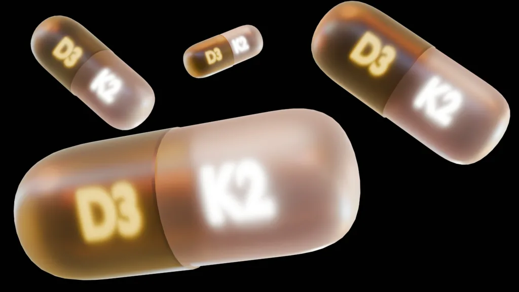 A 3d rendering of group of supplement capsules containing Vitamins D3 and K2. Each capsule is clearly labeled D3 and K2.