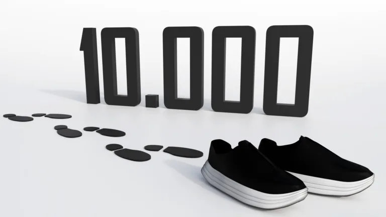 A 3d rendering of running shoes and the number "10,000" refers to a 10K race or the classic 10,000 steps daily goal.