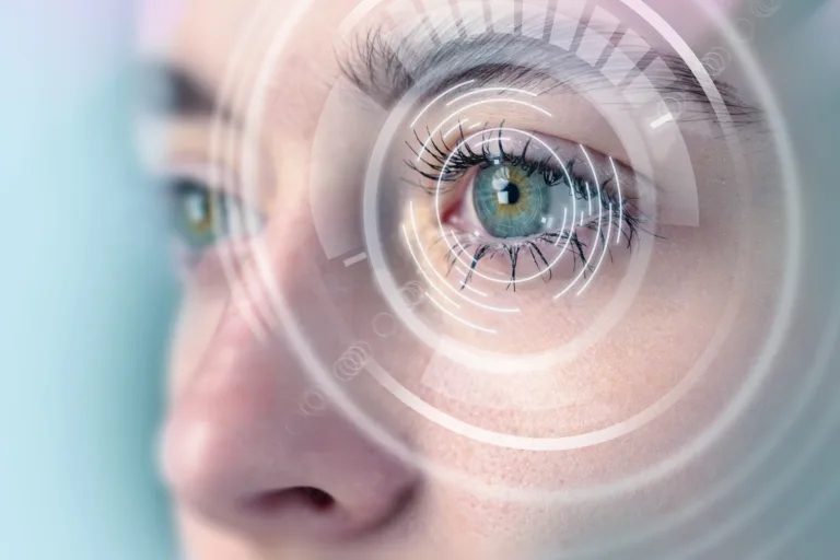 A close-up captures a person's eye surrounded by a digital interface, suggesting themes of technology, vision enhancement, and biometric recognition. The eye exhibits vibrant colors.