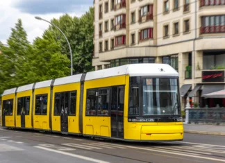 Se v Ljubljano vrača tramvaj? Novica je občane pustila ravnodušne A yellow city tram moves past a rounded facade with motion blur, conveying speed, comfort, and sustainable urban mobility.