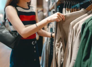 5 modnih trendov, ki jih bodo mladi nosili v drugi polovici leta 2026 Asian woman shopping clothes in shoping mall. Customer choosing japanese fashion clothing hangers shelf. Weekend activity lifestyles of single person