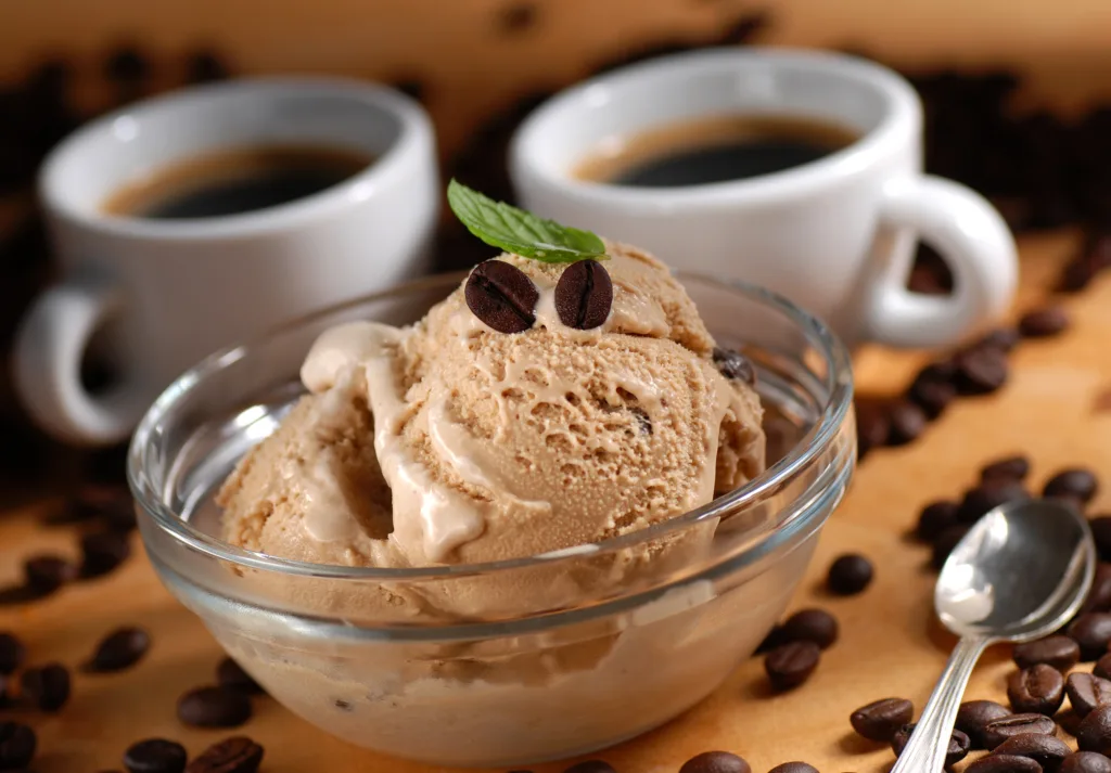 flavored coffees ice cream garnished with mint leaf