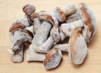 Gobe imate lahko v zamrzovalniku le toliko časa: Drugače je lahko nevarno za vas Frozen edible mushrooms lie on a cutting Board. Delicious boletus for cooking