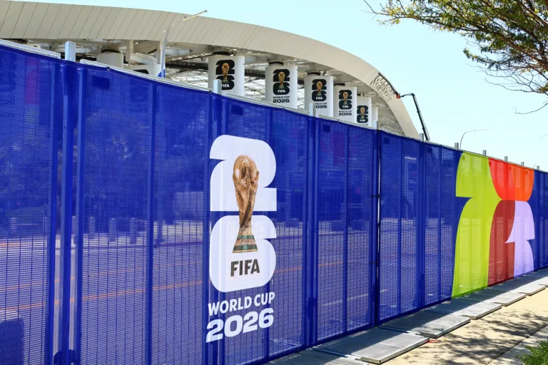 Inglewood (Los Angeles County), California – June 7, 2026: SoFi Stadium displaying FIFA World Cup 2026 branding for tournament running June 11 to July 19, 2026