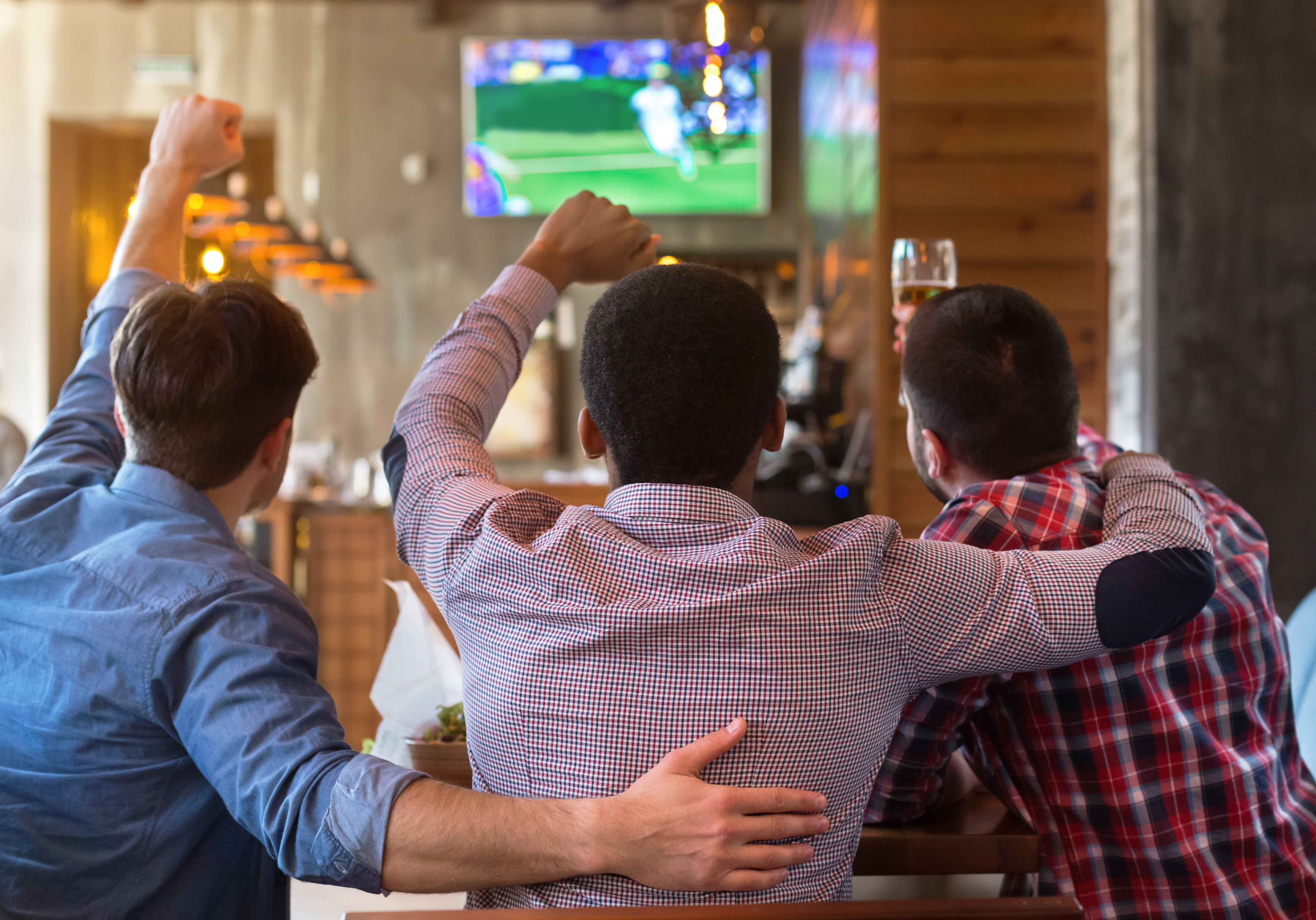 Male friends watching football match on TV in sport bar, back view