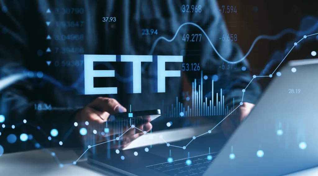 Man using smartphone with ETF text and stock charts overlayed, digital style on dark background. Concept of investing and financial markets