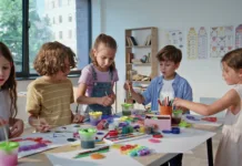 Najbolj ustvarjalne sobote za otroke? Klub Cukrastičnih znova odpira vrata Pupils creating colorful art at collaborative workshop with vibrant materials. Boys girls working on painting projects at lesson classroom. Children concentrating on teamwork enjoying creativity.