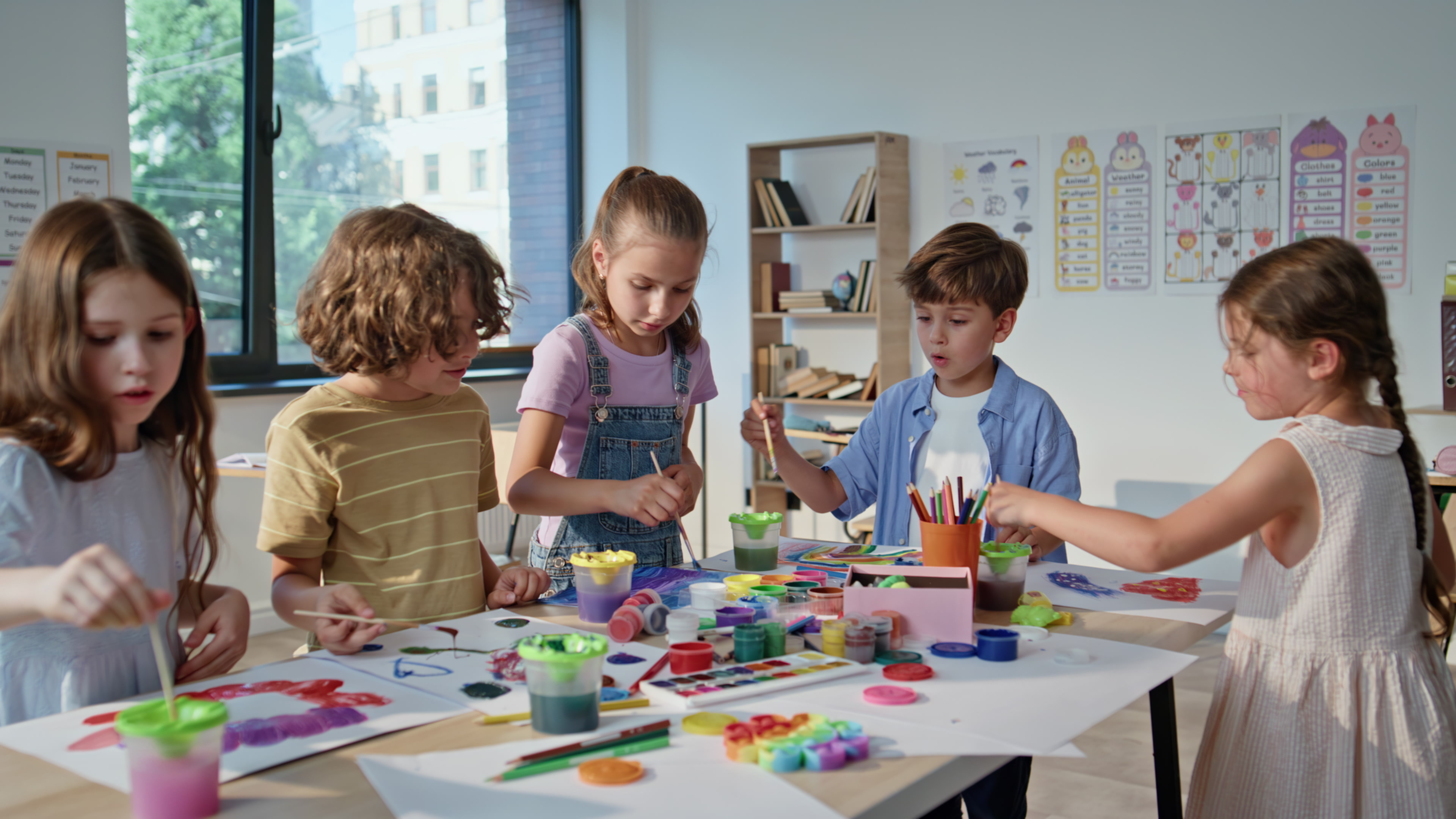 Najbolj ustvarjalne sobote za otroke? Klub Cukrastičnih znova odpira vrata Pupils creating colorful art at collaborative workshop with vibrant materials. Boys girls working on painting projects at lesson classroom. Children concentrating on teamwork enjoying creativity.