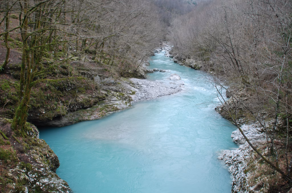 A section of the Nadiza or Natisone river near Napolean Bridge (known as Napoleonov Most in the local language) near Logje in the Kobarid municipality of Slovenia.