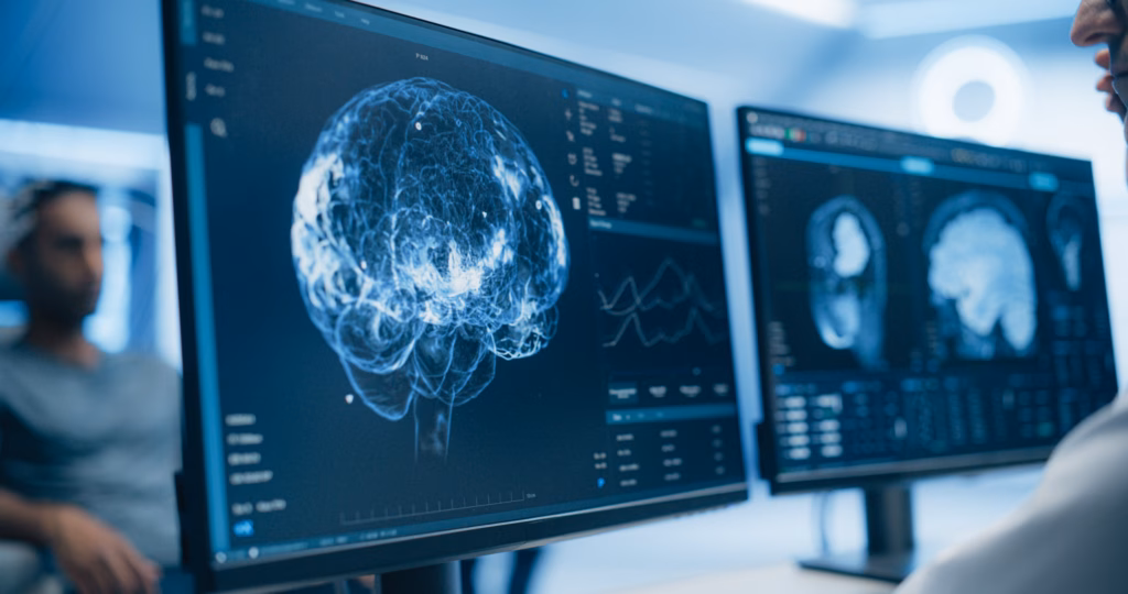 Medical Brain Scans on Multiple Computer Screens. Advanced Neuroimaging Technology Reveals Complex Neural Pathways, Display Showing CT Scan in a Modern Medical Environment