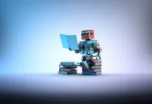 6 znanstvenofantastičnih romanov, ki jih morate prebrati v letu 2026 Robot sitting on a bunch of books. Contains clipping path
