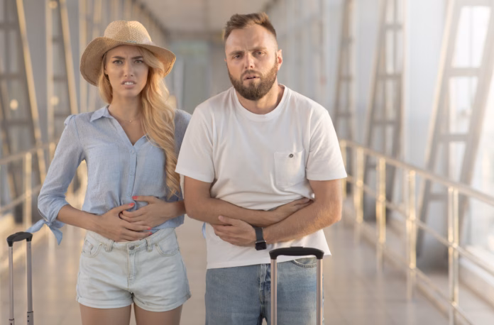 couple-suffering-from-stomachache-standing-at-airport-terminal-free-space-stockpack-istock Couple suffering from stomachache, standing at airport terminal, free space