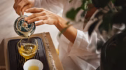 Female hands pouring tea from patterned clay teapot into clear glass pitcher, creating serene tea ritual. Soft light, wooden tea tray and greenery evoke calming mindful chenese ceremony atmosphere.