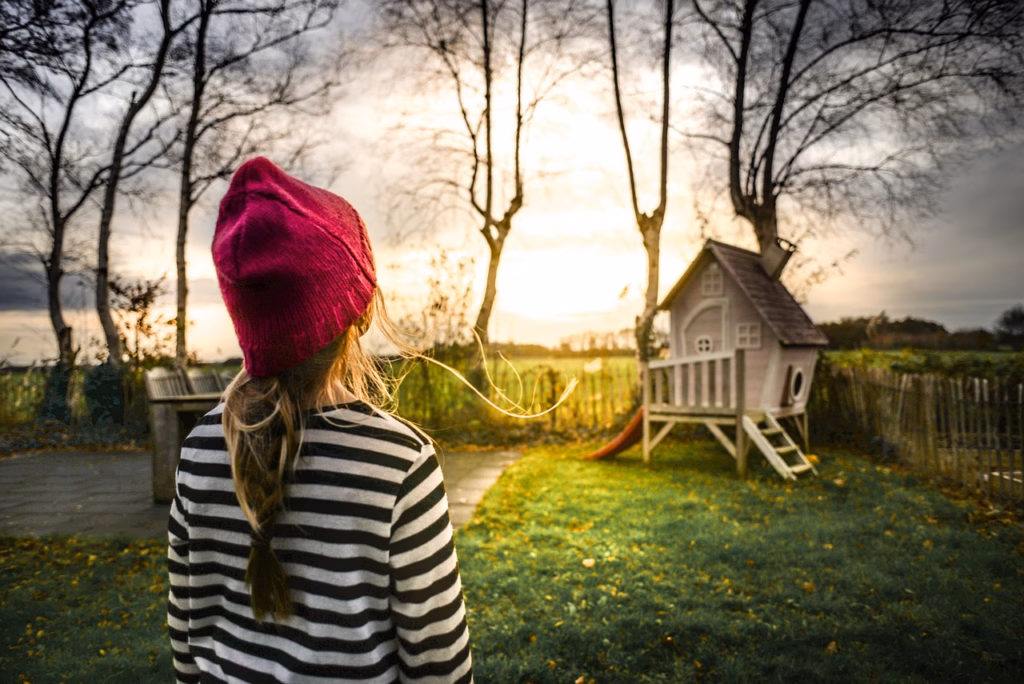 girl, childhood, garden, backyard, nature, evening, child, people, little, young, outdoor, striped, cap, kid, play, playing, watching, looking, play house