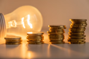 Lit light bulb with coins beside it. Increase in energy tariffs. Efficiency and energy saving.