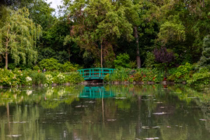 Lush green foliage frames a reflective pond with a bright green arched footbridge in the background in Giverny, France.