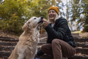 Woman owner giving pet treat reward to dog after obedience training. Woman and dog outdoors