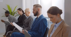 Young woman in wheelchair waiting in line for job interview in office corridor. Disabled female job applicant in office corridor waiting in row for business meeting with employer