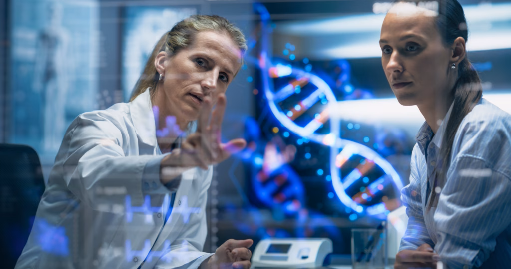 Physician And Patient Examine A Holographic Dna Model. AI-Powered Genomic Analysis Highlights Mutation Hotspots And Therapeutic Targets In Real-Time, Precision Medicine And Targeted Gene Therapies.
